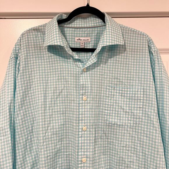 Peter Millar Men's Teal and Blue Checkered Long‎ Sleeve Dress Shirt Sz XL - Picture 3 of 11